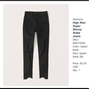 Abercrombie & Fitch -high rise super skinny black distressed jeans - size 26 L
